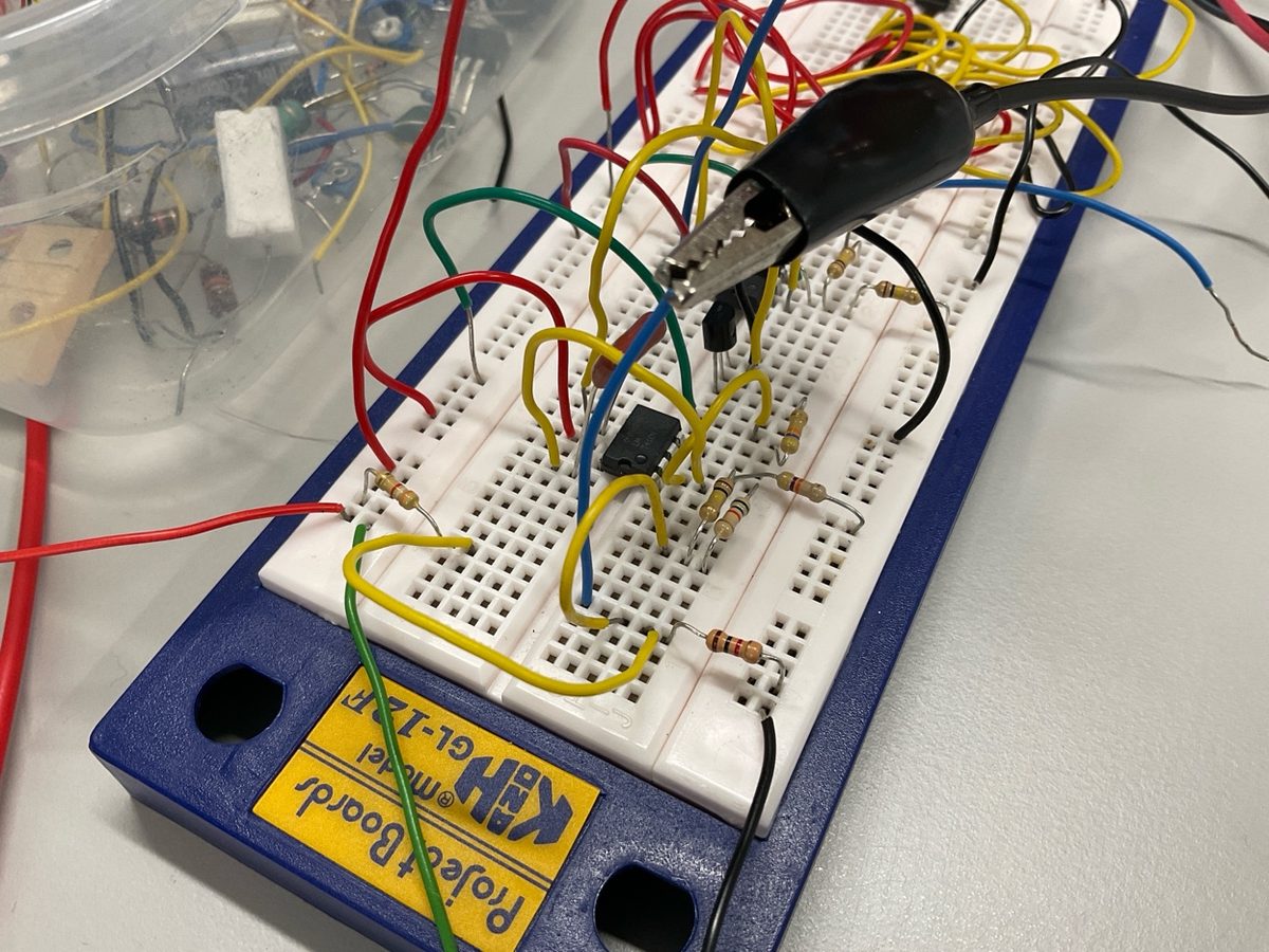 Voltage-controlled oscillator breadboard with wiring and probe clips